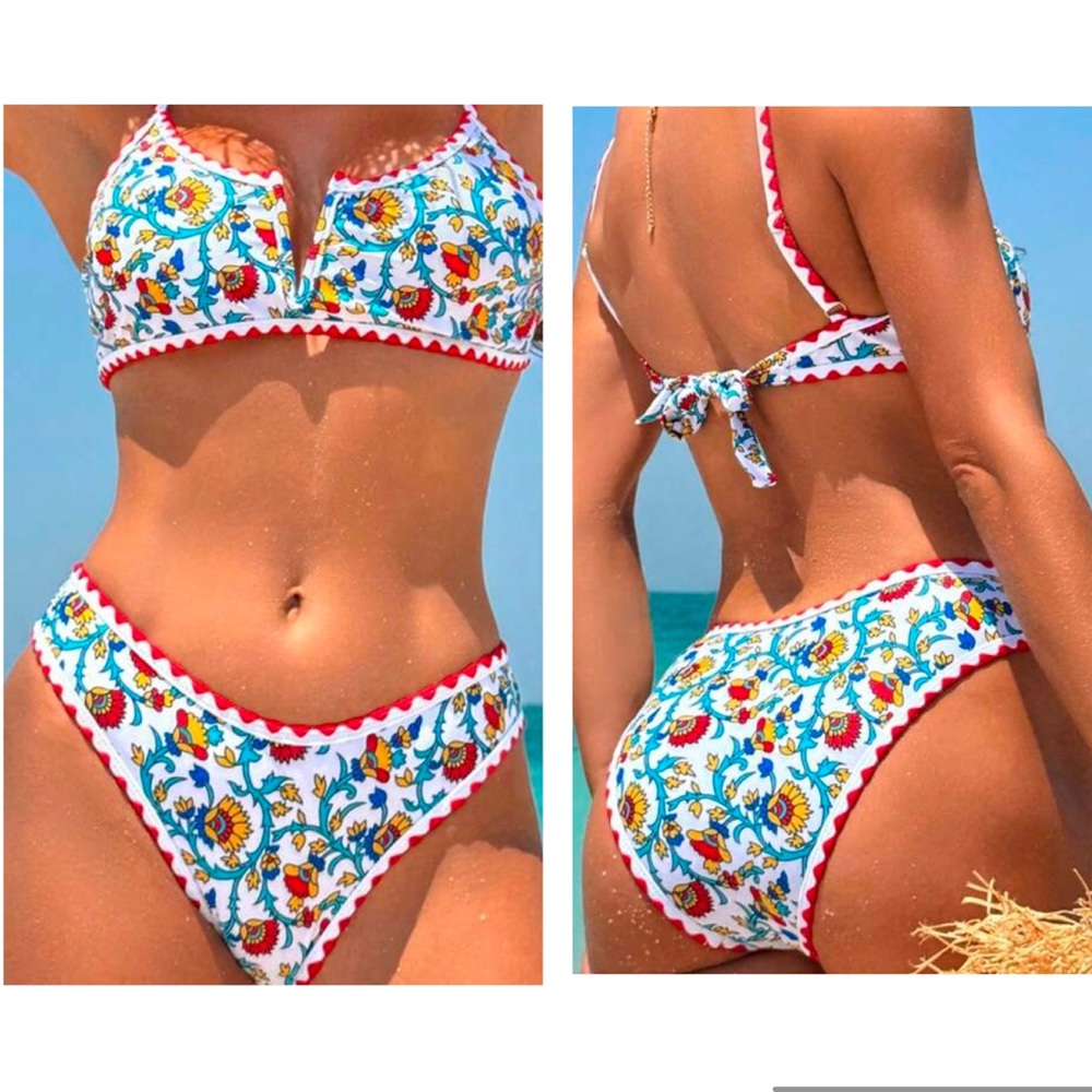 2 Piece Red & White Floral Bikini Swimsuit Size M Medium Amazon